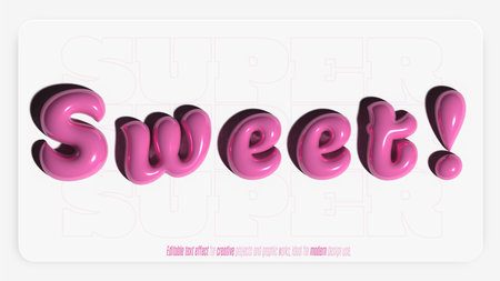 This vector image shows the word sweet in glossy pink 3d text on a white background with shiny highlights creating a vibrant and playful mood.のイラスト素材