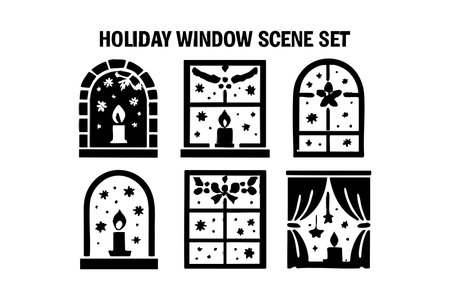 Black and white vector set features six holiday window scenes with candles and seasonal decorations, perfect for winter festivities and holiday decor, simple and festive mood.のイラスト素材
