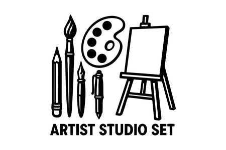 This vector image shows an artist studio set featuring pencil, brush, palette, easel, and pens in simple black line art style, conveying creativity and artistic mood.のイラスト素材