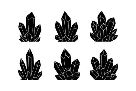 This vector file features six black crystal cluster icons with sharp edges and geometric shapes. These mineral illustrations are ideal for natural and gemstone themes, presented in a clean silhouette style. Modern and versatile.のイラスト素材
