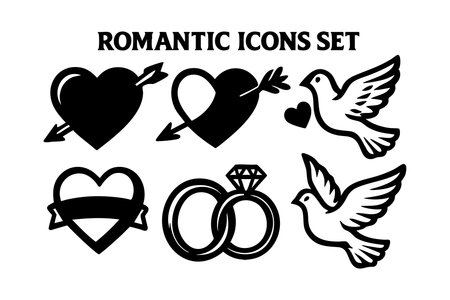 This vector features romantic icons including hearts pierced by arrows, doves with hearts, and interlocked wedding rings, representing love, romance, and marriage themes in a simple black silhouette style. Romantic mood.のイラスト素材