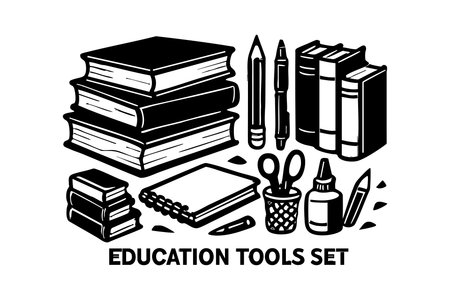 Black and white vector image showing essential education tools including books, pencils, scissors, glue, and a notebook arranged neatly for school use. Simple and clear design. Educational and practical mood.のイラスト素材