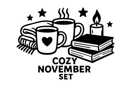 This vector shows a cozy November set featuring steaming hot drinks, stacked books, a lit candle, folded scarf, and stars, evoking autumn warmth and comfort mood.のイラスト素材