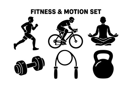 Vector illustration shows black silhouettes of fitness activities including running, cycling, yoga, dumbbell, jump rope, and kettlebell in motion set design. Energetic and dynamic.のイラスト素材