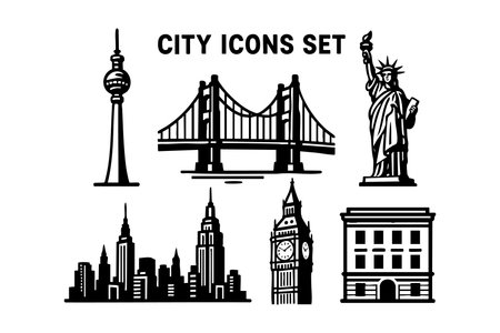 Vector city icons set features landmark silhouettes including Statue of Liberty, bridge, skyline, Big Ben, and tower in black. Clean, minimal, and bold graphic style. Urban mood.のイラスト素材