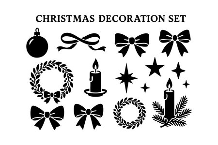Vector features Christmas decorations including wreaths, candles, stars, bows, and baubles in black silhouette style for festive design projects and seasonal celebrations. Cheerful.のイラスト素材
