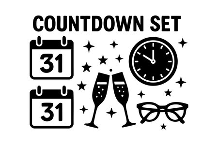 Vector set features calendar icons, clock, glasses, and champagne flutes symbolizing countdown and...