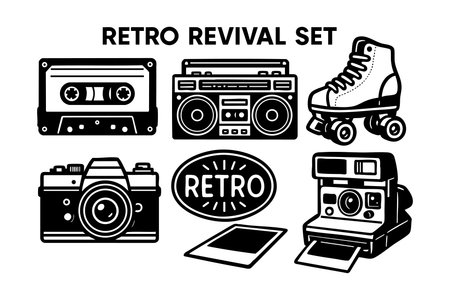 Vector set features retro items including cassette tape, boombox, roller skate, camera, instant photo camera, vinyl record, and retro label in black and white style. Nostalgic mood.のイラスト素材
