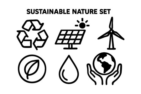This vector illustration shows sustainable nature icons including recycling, solar panel, wind turbine, leaf, water drop, and earth held by hands representing ecology and green energy, positive mood.のイラスト素材