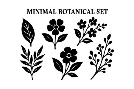 This vector features a minimal botanical set with black floral and leaf silhouettes, ideal for design projects and decoration purposes, presented in a clean, simple style. Calm and elegant.のイラスト素材