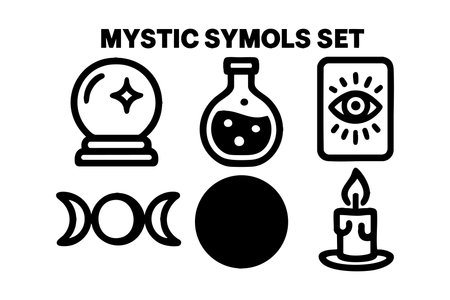 This vector features black outline mystic symbols including a crystal ball, potion bottle, tarot card, moon phases, full moon, and candle flame representing spiritual and magical themes. Calm mood.のイラスト素材