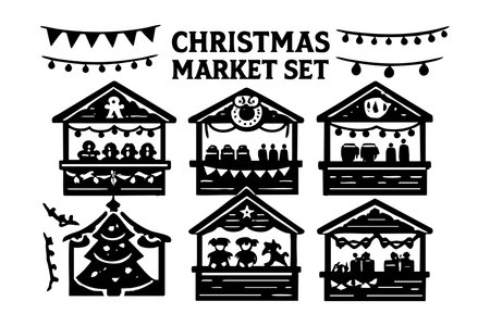 Black silhouette vector of six Christmas market stalls with decorations, lights, and festive items, perfect for winter holiday design projects, cheerful and seasonal mood.のイラスト素材