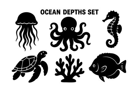 This vector set presents black silhouettes of ocean creatures including jellyfish, octopus, seahorse, turtle, coral, and fish in a clean style. The illustration is simple and marine-themed, calm.のイラスト素材