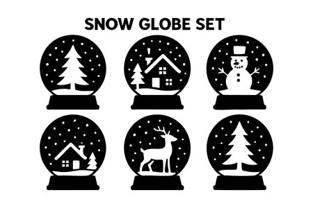 This vector set features six black and white snow globe icons with winter themes including trees, houses, snowman, and reindeer, perfect for festive seasonal design projects. Calm and charming.のイラスト素材