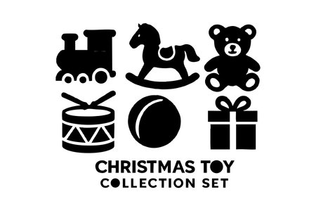 This vector illustration features a Christmas toy collection set including teddy bear, rocking horse, train, drum, ball, and gift icons in black silhouette style. Festive and playful mood.のイラスト素材