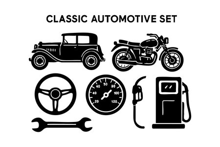 Vector set features classic automotive elements including vintage car, motorcycle, steering wheel, speedometer, wrench, and fuel pump in black silhouette style, clean and simple design. Stylish.のイラスト素材