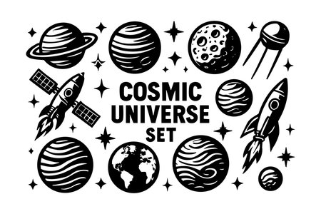 This vector features a cosmic universe set including rockets, planets, stars, satellite, and moon in black and white style presenting space exploration theme. Futuristic and adventurous mood.のイラスト素材