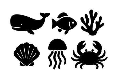 This vector features black silhouette icons of marine animals such as a whale fish coral shell jellyfish and crab in a minimalistic style. Calm and simple.のイラスト素材
