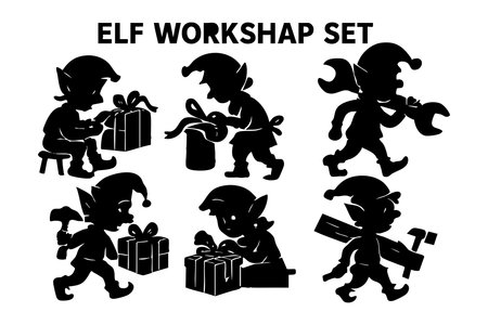 Black silhouette elves engaged in toy making and gift wrapping activities, embodying festive holiday spirit and workshop creativity, presented in vector style. Cheerful mood.のイラスト素材