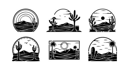 This vector set shows desert landscapes featuring cactus, mountains, and sun elements in various sunset scenes. The style is minimalistic and monochrome, evoking calm and serene mood.のイラスト素材