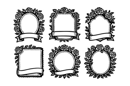 This vector set features six decorative vintage floral frames adorned with roses and ribbon banners, ideal for elegant design projects and ornamental border elements. Classic and artistic mood.のイラスト素材