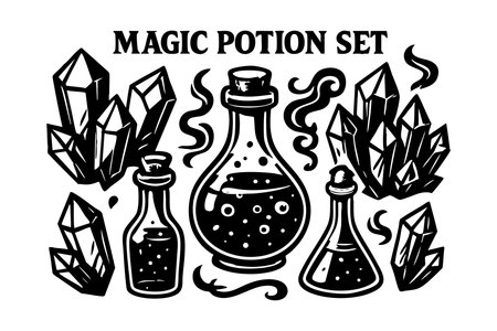 This vector shows a set of magical potion bottles surrounded by crystals emitting mystical smoke, rendered in black and white for a fantasy or witchcraft theme. Mysterious and enchanting mood.のイラスト素材