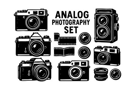 This vector showcases a collection of analog photography equipment including vintage cameras, film rolls, and lenses in a black silhouette style. Ideal for retro photography projects and enthusiasts. Classic mood.のイラスト素材