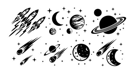This vector set features rockets, planets, moons, comets, and stars in a black and white space theme, presented in a clean graphic style. Cosmic and futuristic mood.のイラスト素材