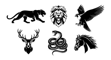 This vector features black silhouettes of six wild animals including a lion, panther, eagle, deer, snake, and horse, representing strength and wilderness in a clean graphic style. Bold and striking.のイラスト素材