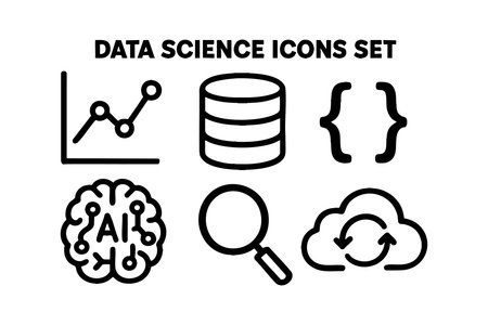 This vector set features data science icons including AI brain, magnifying glass, cloud sync, database, and graph symbols representing analytics and technology concepts in a clean style. Informative mood.のイラスト素材