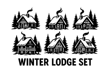 Vector set features six cozy winter lodges surrounded by pine trees with smoke rising from chimneys, representing rustic cabins in a cold season. The style is simple and bold, warm mood.のイラスト素材