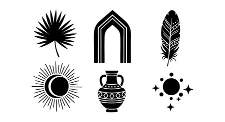 Vector set features tribal-inspired decorative elements including sun, feather, vase, and geometric shapes in black silhouette style for creative and cultural design use. Artistic mood.のイラスト素材