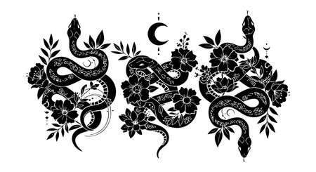 This vector shows three black snakes entwined with flowers and a crescent moon in gothic style, creating a mystical and dark decorative design. The mood is mysterious and elegant.のイラスト素材