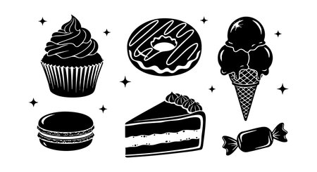 This vector illustration shows a variety of sweet desserts including cupcake, donut, ice cream cone, macaron, cake slice, and candy in black silhouette style, playful and charming.のイラスト素材