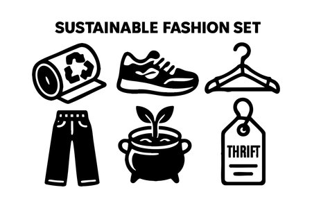 This vector features sustainable fashion icons including a recycle bin, sneakers, hanger, jeans, plant pot, and thrift tag, representing eco-friendly clothing and style. Clean and modern design. Calm.のイラスト素材