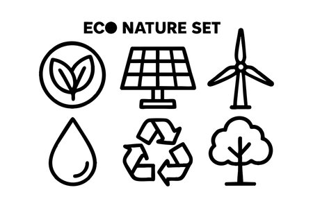 This vector features eco nature icons including solar panel, wind turbine, water drop, recycling symbol, tree, and leaf representing renewable energy and sustainability in a clean design. Calm and positive mood.のイラスト素材