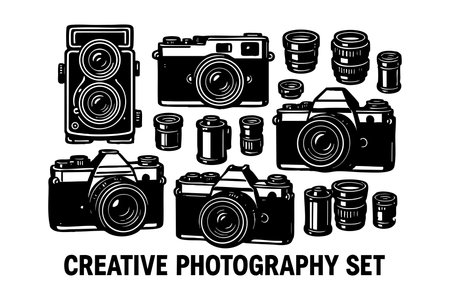 This vector illustration features a creative photography set with vintage and modern cameras, lenses, and film rolls arranged in black and white style, evoking nostalgic artistic mood.のイラスト素材