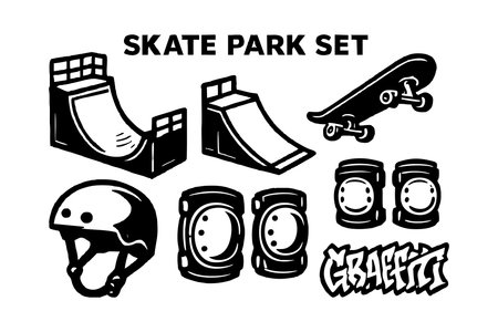 Vector illustration shows skate park equipment including ramps, skateboard, helmet, knee pads, and graffiti text in black and white style. Energetic and urban mood.のイラスト素材