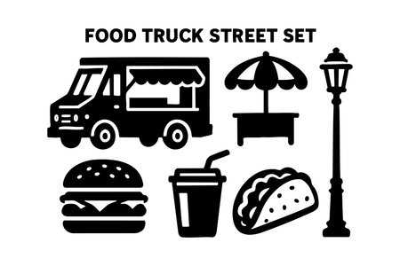 Vector icons showing a food truck, burger, taco, drink, umbrella stand, and street lamp in black silhouette style, perfect for urban food and street market themes, clear and simple mood.のイラスト素材