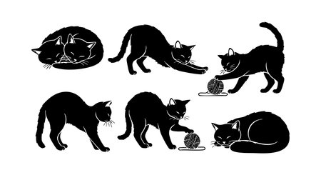 This vector features black cat silhouettes in playful, stretching, and resting positions. The clean design suits creative projects and decorations, evoking a calm and playful mood.のイラスト素材