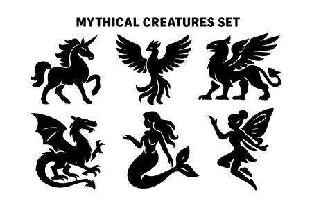 Vector set of mythical creatures including unicorn, phoenix, griffin, dragon, mermaid, and fairy in silhouette style showcasing fantasy and magic themes. Creative and mystical mood.のイラスト素材