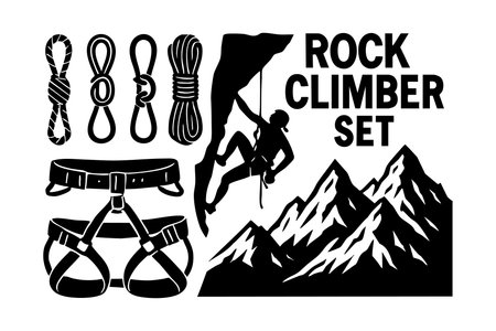 This vector features a rock climber scaling a cliff with mountain silhouettes, ropes, and harnesses, illustrating outdoor adventure and extreme sports with a bold graphic style. Energetic mood.のイラスト素材