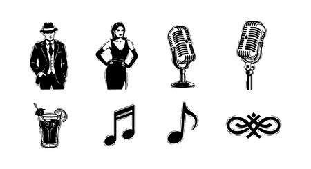 Vector design shows retro blues singers with vintage microphones, cocktail drink, music notes, and ornamental symbol in black and white style. Classic and artistic mood.のイラスト素材