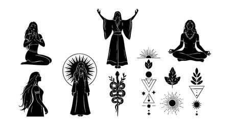 This vector features black silhouettes of women in meditation and prayer poses alongside spiritual and mystical symbols, creating a calm and introspective atmosphere. Serene mood.のイラスト素材