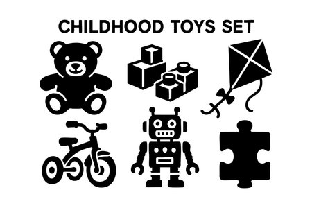 Vector set shows classic childhood toys including teddy bear, robot, bike, kite, puzzle piece, and building blocks in simple black style, evoking nostalgic playful mood.のイラスト素材
