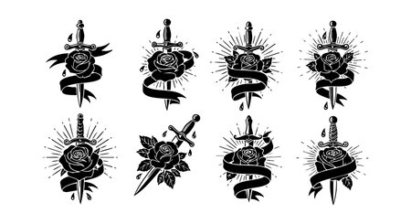 Black silhouette designs of swords piercing roses with decorative banners create a vintage tattoo style. The artwork features bold lines and traditional elements, evoking a classic and timeless mood.のイラスト素材
