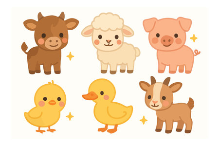 This vector illustration shows six adorable farm animals including goat, sheep, pig, chick, duck, and calf in a colorful cartoon style with cheerful expressions and sparkles. Playful mood.のイラスト素材