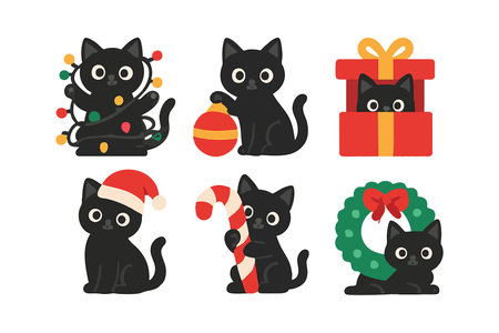 Vector illustration shows black cat playing with Christmas decorations including lights, gift box, wreath, candy cane, and Santa hat in a festive holiday mood. Cheerful and playful.のイラスト素材