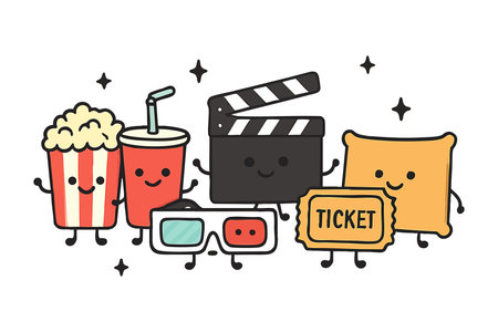Vector image shows cute movie night icons including popcorn, drink, 3d glasses, ticket, and pillow with smiling faces, conveying fun and cozy entertainment mood.のイラスト素材