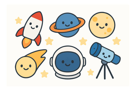 This vector shows cute space elements including a rocket, planet with rings, smiling moon, comet, astronaut helmet, telescope, and stars. The style is playful and cheerful.のイラスト素材
